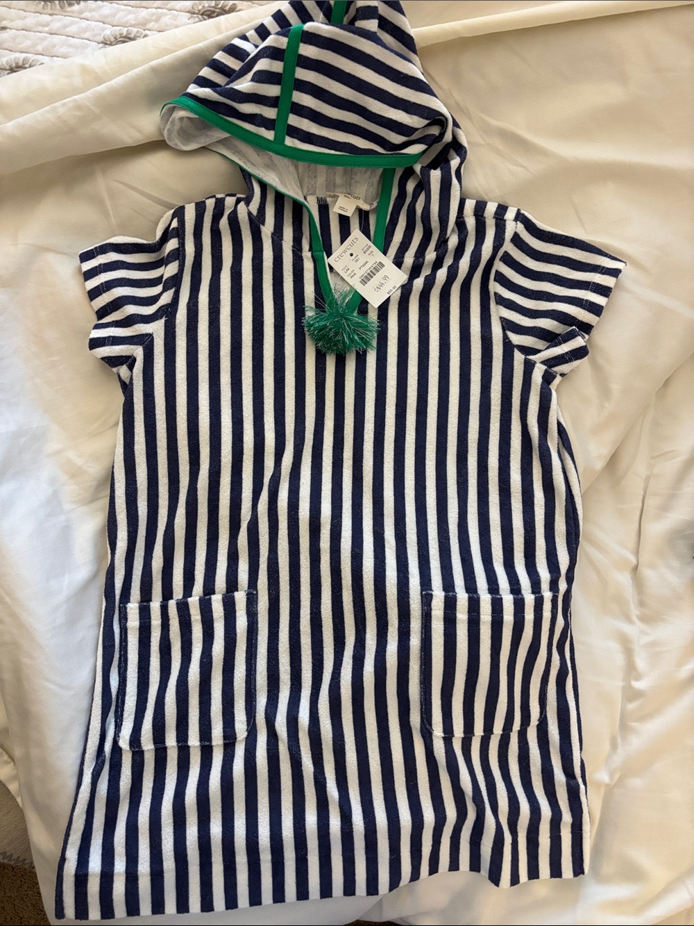 Crewcuts Navy and White Striped Hooded Terry Tunic with Green Trim